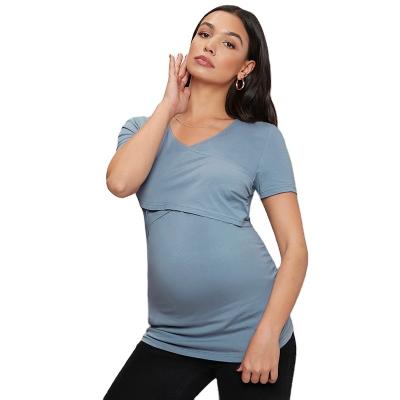 China New Style Shorts Sleeve Fashion Antibacterial Clothes For V Neck Maternity Woman Cotton Maternity Nursing Tops for sale