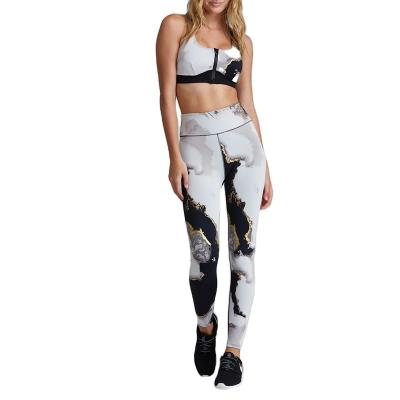 China Breathable Private Label Two Piece Yoga Set Sports Marble Bra Zipper Fashion Design Custom High Waisted Gaiters Gym Set Women Workout Wear for sale