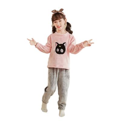 China Children warm autumn/winter thickened home dress set girls cartoon round collar and fleece pajamas two sets for sale