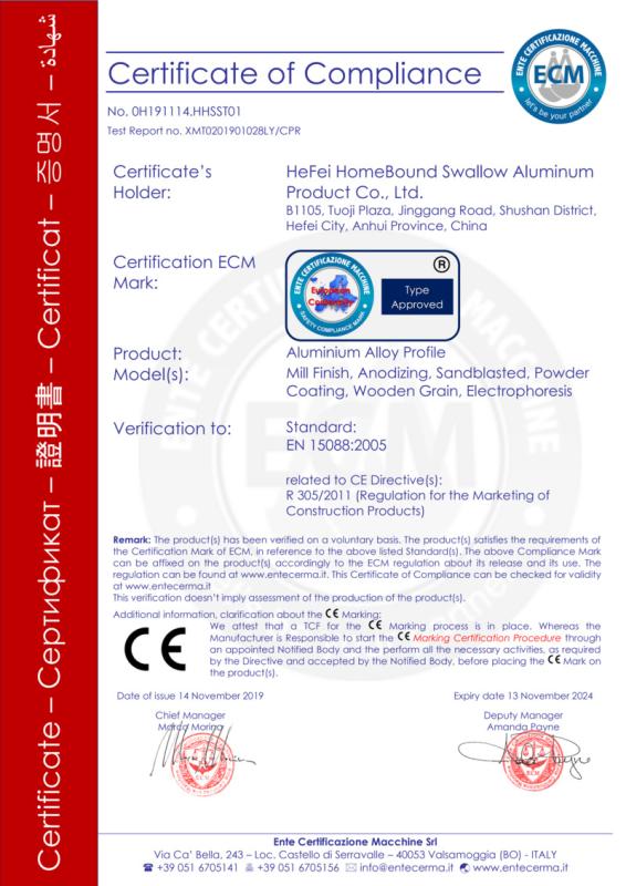 CE - Hefei Homebound Swallow Aluminum Product Co., Ltd.