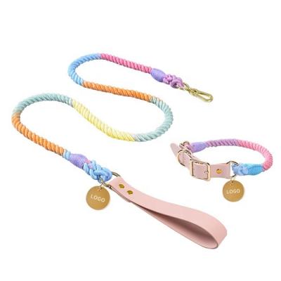 China Custom Padded Pet Collar Leash Set Rope Rainbow Braided Ombre Cotton Adjustable Soft PU Leather Dog Leash & Collar for sale