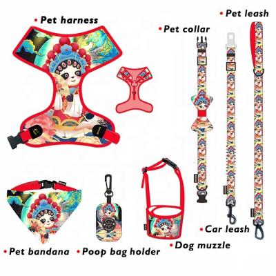 China Custom Luxury Dog Clothes Breathable Mesh Neoprene Custom Dog Harness Leash Set Peking Opera Style Soft Clothing for sale