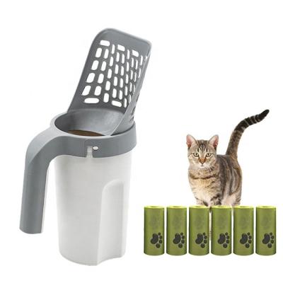 China Portable Pet Clean Set Cat Litter Sifter Shovel Poop Bag Container Stored Integrated Detachable Cat Litter Scooper Holder With Deep Bag for sale