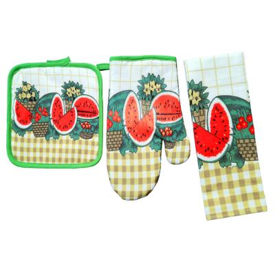 China Custom Pattern Printed Watermelon Cotton Pot Holder Reusable Oven Mitts Kitchen Hand Towel Set for sale