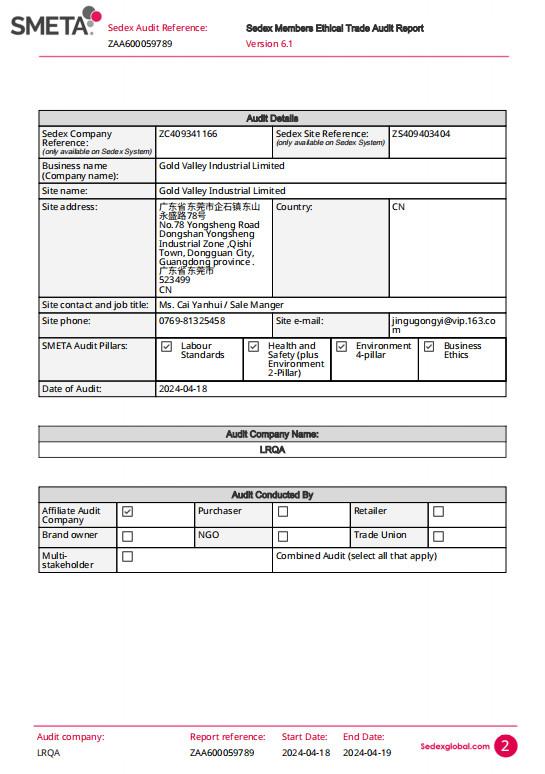 Sedex Members Ethical Trade Audit Report - Gold Valley Industrial Limited