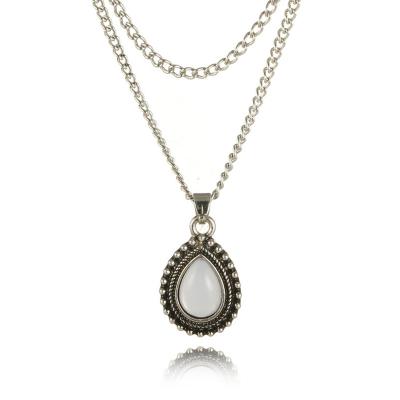 China CLASSIC Multilayer Silver Color Vintage Fashion Jewelry Simple Women Crystal Jewelry Opal Stone Drop Pendant Necklace for sale