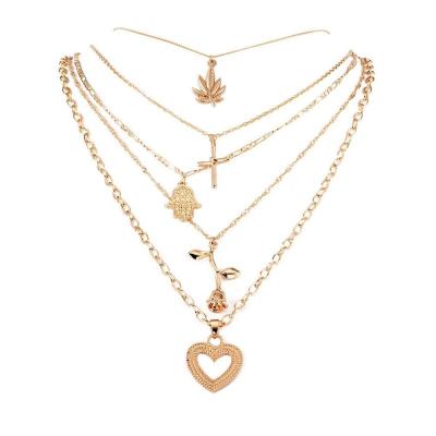 China CLASSIC Multilayer Cross Heart Leaf Flower Hand Necklace Fashion Pendant Necklaces For Women Charm Gold Necklace Trendy Jewelry for sale