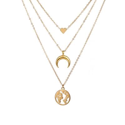 China Multi Layer Vintage Moon Joyas Circle Map Heart Pendant Necklace Multi Layer Clavicle for Women and Girls Daily Wear for sale