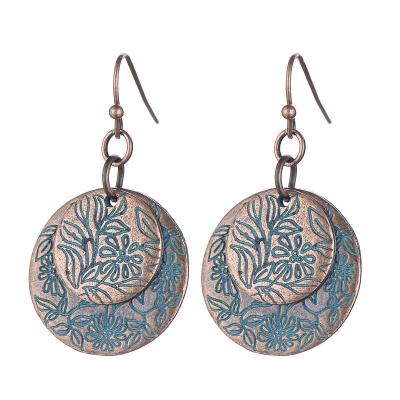 China Art Antique Double Layer Earring Flower Pattern Disc Design Unique Hanging Earrings Vintage Jewelry Accessories for Women and Girls for sale