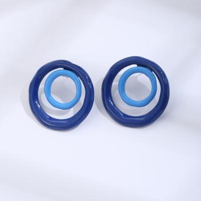 China FASHIONABLE Enamel Unique Earrings Design Double Circle Shape Blue Klein Stud Ear Jewelry For Women And Girls for sale