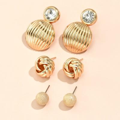 China 2022 Fashion TRENDY Earring Set Stripe Geometric Shell Matte Ball Diamond Korean Earrings 3pairs/set Wholesale for sale