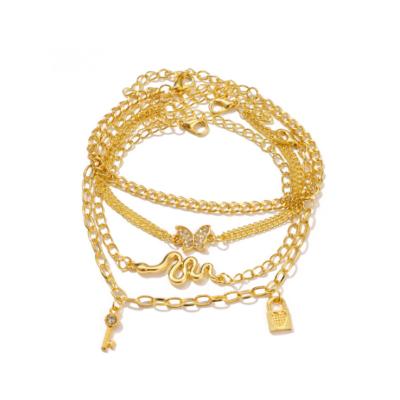 China New Design FASHIONABLE INS Design Anklets Snake Butterfly Link Chain Padlock Key Lock Dangle Charm Anklets 4Pcs/Set For Women And Girls for sale