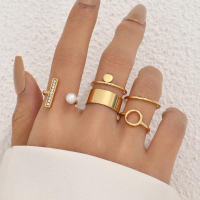 China Wholesale Trendy Trendy Design Pearl Gold Plated Ring Set Geometric Adjustable Jewelry Gift Ring for Women and Girls for sale