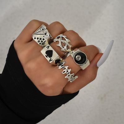 China 5Pcs/Set Tiktok Hotsale TRENDY Poker Shovel Rings Set Trendy Billiards No.8 Enamel Shape Hiphop Rings Wholesale for sale