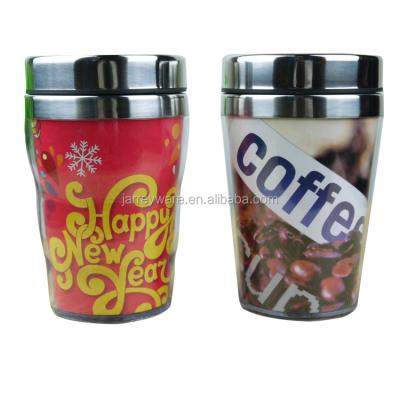 China Sustainable Small Size Sublimation Double Wall Stainless Steel Plastic Travel Mugs With Paper Insert for sale