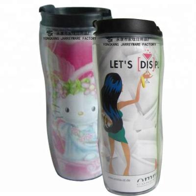 China Sustainable Cheap BPA-FREE Customized 350ML Double Wall Plastic Travel Mug With Printing Insert for sale