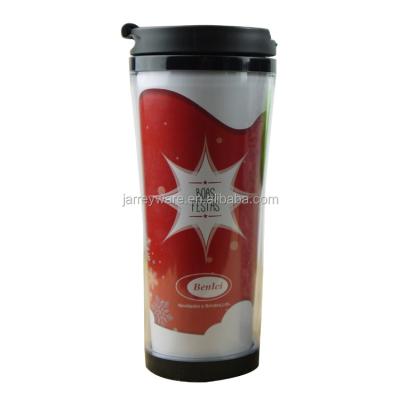 China Customized Double Wall Sustainable Promotional BPA Free Plastic Travel Mug With Paper Insert for sale