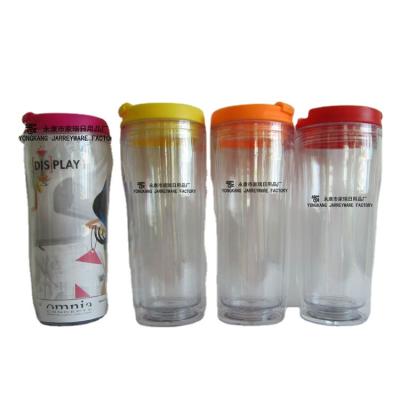 China DIY Cheap Viable Insulated Clear Plastic Double Wall Travel Mug With Paper Insert For Promotion for sale