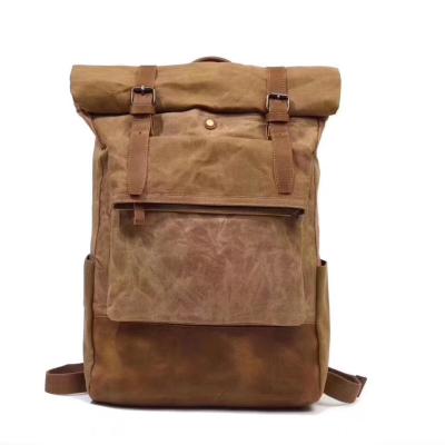 China Waterproof Mens Canvas Rucksack Waxed Leather Backpack For Men Waxed Leather Backpacks Travel Vintage Bookbag With Laptop Compartment Rustic for sale