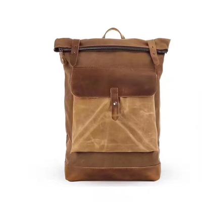 China Wholesale Waterproof Designer Leisure Waxed Vintage Canvas Rucksack Travel Hiking Camping Rucksack Military Rucksack With Leather Trim for sale