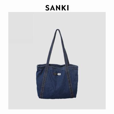 China Portable Daily Leisure Denim Cloth Tote Bag Women's Shopping Shoulder Bag Handbags Large Capacity Zipper Closure for sale