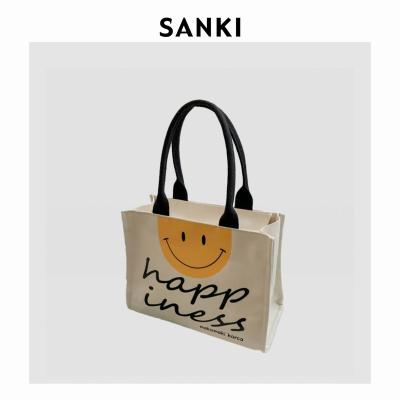 China Others Casual Colorful Letter Printing Cotton Canvas Tote bag Happiness Shoulder Shopping bag Contrast Color Smiley Face for sale