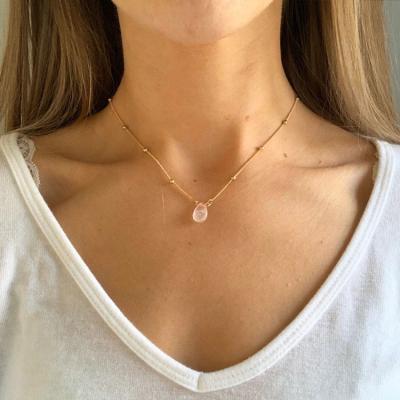 China Eco Friendly Tasty Gold Plated 925 Silver Water Drop Beaded Chain Shape Rose Quartz Pendant Necklace For Women Women for sale