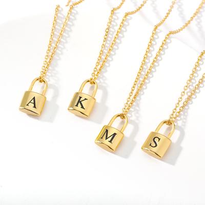 China Never Fade New Fashion Non-fading Gold Plated Stainless Steel Initial Letter Engrave Lock Pendant Necklace for sale