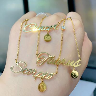 China Wholesale Non-fading Gold Plated English Initial Necklace Stainless Steel Letter Zodiac Symbol Necklace for sale