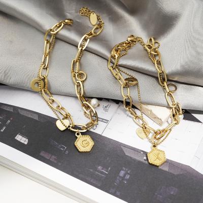 China TRENDY hot sale stainless steel double layer link bead chain bracelet bead 26 initial letter charm bracelets for women for sale