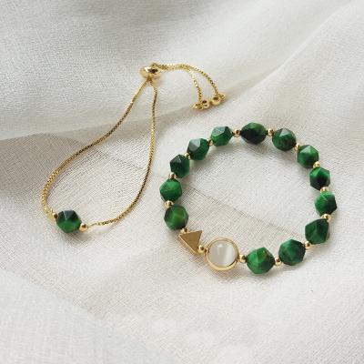 China TRENDY Tiger Eye Stone Bead Bracelet Ladies Birthday Gift Natural Green Gold Plated Adjustable Beaded Bracelet Sets for sale