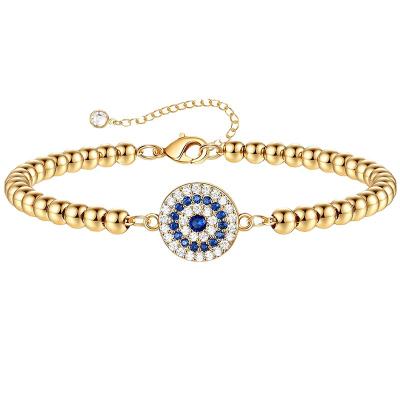 China FASHIONABLE Wholesale 14k Gold Plated Beaded Chain Micro Blue Cubic Zirconia Evil Eye Copper Bracelets for sale