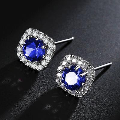 China 2021 TRENDY Women Trend Earring Copper Cushion Blue Zircon Stud Earrings for sale