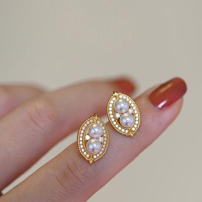 China French Vintage Style Egg Shape 14K Gold Plated Zircon 5A Pearl Stud Earrings 2021 Jewelry For Women for sale