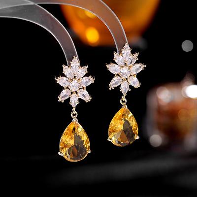 China TRENDY Fashion Women Wedding Drop Yellow Crystal Gold Plated Chandelier Earrings Flower Design Earring for sale