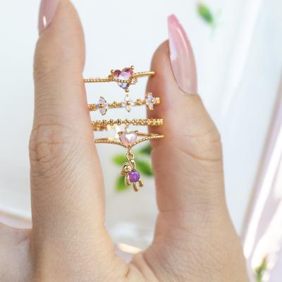 China Trendy Trendy 18k Ins Jewelry Heart Cute Butterfly Clover Gold Plated Color Zircon Bear Stackable Rings For Girls for sale