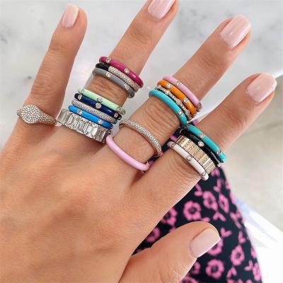 China New oil dripping ring women fashion A.C.A. multicolor painting zircon enamel colorful copper rings 2021 for sale