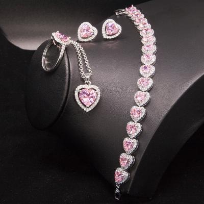 China FASHIONABLE Luxury Heart Shape Bling 4pcs Ring Bracelet Necklace Earrings Women Zircon Jewelry Sets for sale